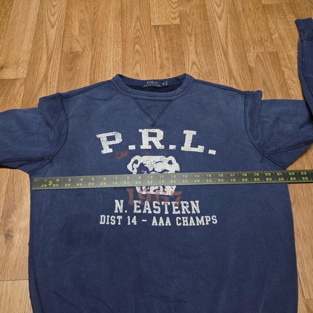 Polo Ralph Lauren Sweatshirt Medium Blue Crewneck Bulldog Distressed Faded - Picture 3 of 8